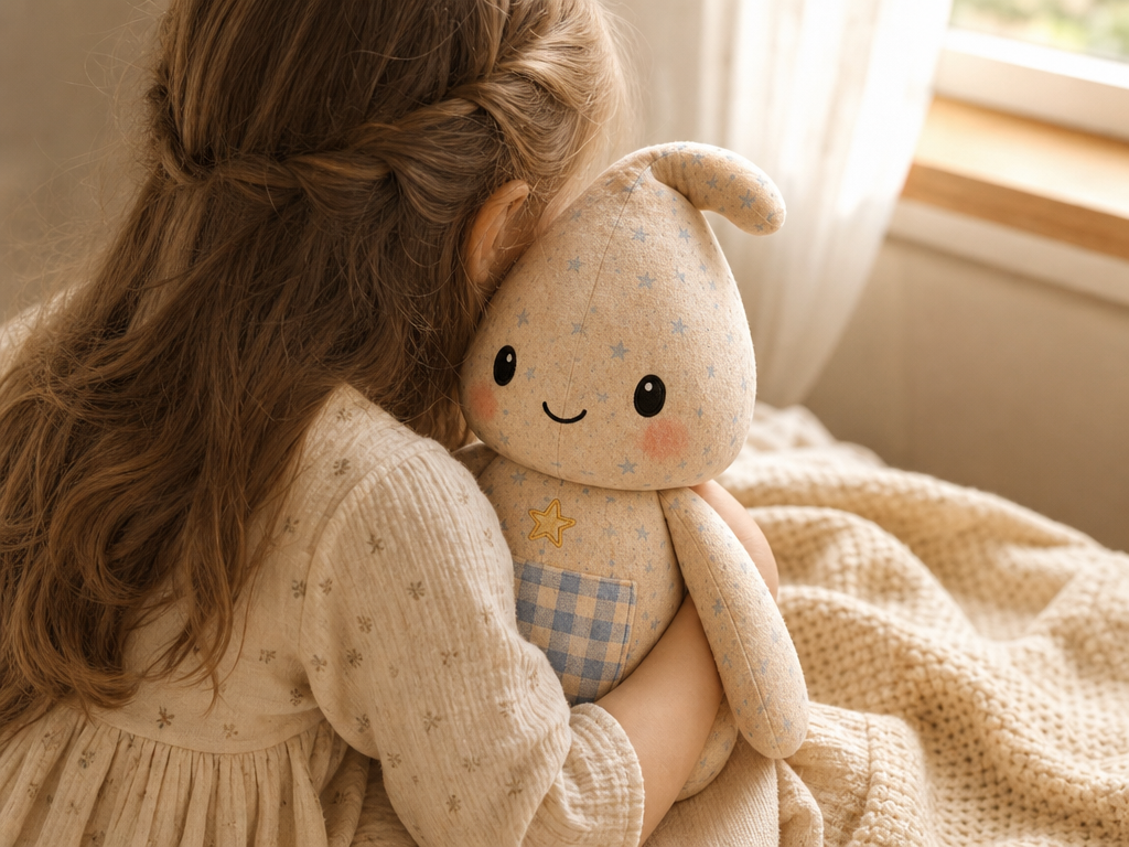 Una niña abraza a NUNO junto a una ventana